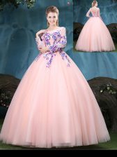  Tulle Scoop Long Sleeves Lace Up Appliques Sweet 16 Quinceanera Dress in Baby Pink