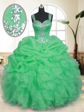  Organza Zipper Straps Sleeveless Floor Length 15 Quinceanera Dress Beading and Ruffles and Pick Ups