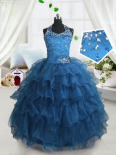  Teal Lace Up Kids Pageant Dress Beading and Ruffled Layers Sleeveless Floor Length