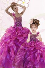Delicate Fuchsia Sweetheart Lace Up Beading and Ruffles Sweet 16 Dresses Sleeveless