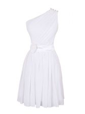 Inexpensive One Shoulder White Sleeveless Mini Length Hand Made Flower Zipper Prom Evening Gown