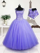  Lavender Tulle Lace Up Little Girl Pageant Gowns Sleeveless Floor Length Beading and Sequins