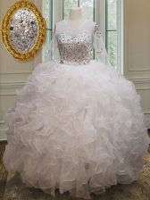 Luxury See Through Scoop Long Sleeves Sweet 16 Dresses Floor Length Beading and Ruffles White Organza