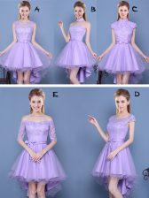 Shining Lavender Taffeta and Tulle Lace Up Vestidos de Damas Sleeveless High Low Lace and Bowknot