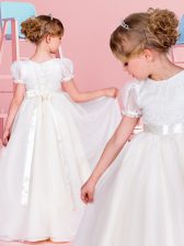 Noble Scoop White Chiffon Lace Up Toddler Flower Girl Dress Short Sleeves Floor Length Lace and Belt