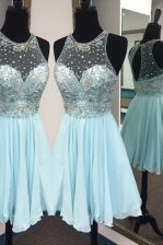 Exceptional Light Blue A-line Chiffon Scoop Sleeveless Beading Knee Length Zipper Evening Dress