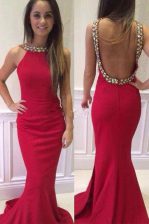 Dazzling Mermaid Scoop Sleeveless Elastic Woven Satin Prom Evening Gown Beading Brush Train Backless