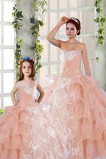 Great Peach Sleeveless Floor Length Beading and Ruffled Layers and Ruching Lace Up Quinceanera Dress