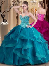 Adorable Floor Length Teal Vestidos de Quinceanera Tulle Sleeveless Beading and Ruffles