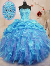  Aqua Blue Sleeveless Floor Length Beading and Ruffles Lace Up Vestidos de Quinceanera