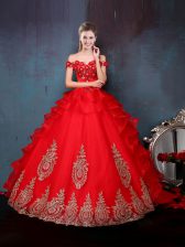 Wonderful Red Ball Gowns Tulle Off The Shoulder Sleeveless Beading and Appliques and Ruffles Floor Length Lace Up 15 Quinceanera Dress