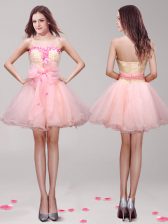  Sleeveless Organza Mini Length Zipper Evening Dress in Pink with Appliques and Hand Made Flower