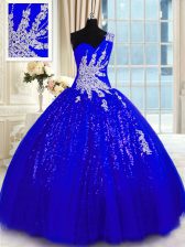 Tulle and Sequined One Shoulder Sleeveless Lace Up Appliques Sweet 16 Dresses in Royal Blue