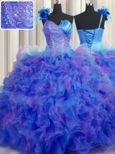 Hot Selling One Shoulder Handcrafted Flower Beading and Ruffles and Hand Made Flower Quinceanera Dress Multi-color Lace Up Sleeveless Floor Length