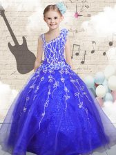  Floor Length Blue Little Girls Pageant Dress Wholesale Organza Sleeveless Beading and Appliques and Hand Made Flower