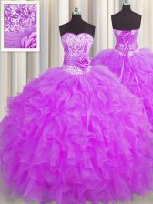  Handcrafted Flower Lilac Sleeveless Floor Length Beading and Ruffles and Hand Made Flower Lace Up Quinceanera Gowns