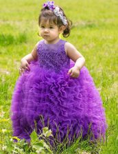 Lovely Scoop Lavender Sleeveless Floor Length Lace and Ruffles Lace Up Flower Girl Dress