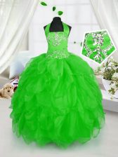  Organza Lace Up Halter Top Sleeveless Floor Length Little Girl Pageant Gowns Appliques and Ruffles