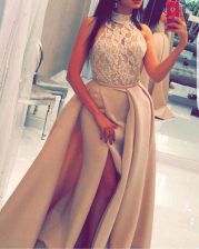  Mermaid Champagne Sleeveless Sweep Train Beading and Appliques Prom Gown
