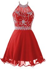 Charming Halter Top Red Zipper Prom Evening Gown Beading Sleeveless Mini Length