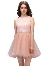Unique Peach Organza Zipper Scoop Sleeveless Mini Length Beading and Lace