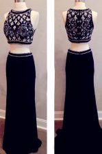Hot Sale Scoop Sleeveless Elastic Woven Satin With Brush Train Zipper in Black with Beading