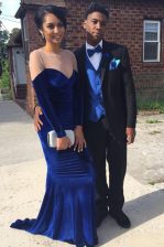 Romantic Mermaid Royal Blue Long Sleeves Satin Sweep Train Zipper Homecoming Dress for Prom
