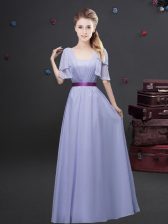  Square Lavender Empire Ruching and Belt Quinceanera Court Dresses Zipper Chiffon Short Sleeves Floor Length
