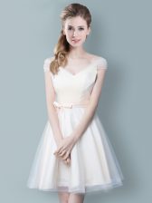 Captivating Champagne V-neck Neckline Ruching and Bowknot Vestidos de Damas Cap Sleeves Zipper