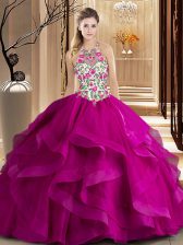  Scoop Tulle Sleeveless Quince Ball Gowns Brush Train and Embroidery and Ruffles