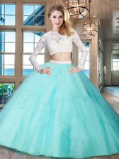Excellent Two Pieces Sweet 16 Dress Aqua Blue Scoop Tulle Long Sleeves Floor Length Zipper