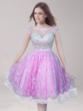  Lace Lilac Homecoming Dress Prom and Party with Beading Scoop Sleeveless Backless