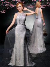 Excellent Grey Backless Bateau Lace and Belt Prom Dress Tulle and Lace Sleeveless Watteau Train