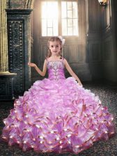 Custom Made Floor Length Lace Up Flower Girl Dresses for Less Lilac for Party and Wedding Party with Beading and Ruffles