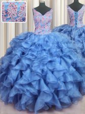  Ruffled Baby Blue Ball Gowns Organza V-neck Sleeveless Appliques and Ruffles Floor Length Lace Up 15th Birthday Dress