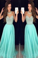  Aqua Blue Organza Sweep Train Sleeveless Beading