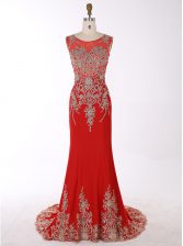 Sophisticated Mermaid Scoop Sleeveless Chiffon With Brush Train Zipper Homecoming Dress in Red with Beading and Appliques