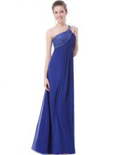  Blue One Shoulder Criss Cross Beading Evening Dress Sleeveless