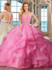  Baby Pink Sleeveless Brush Train Beading and Ruffles With Train 15th Birthday Dress