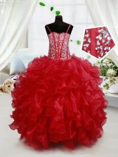  Red Organza Lace Up Spaghetti Straps Sleeveless Floor Length Little Girl Pageant Dress Beading and Ruffles