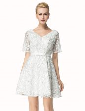 Customized Short Sleeves Lace Mini Length Zipper Prom Gown in White with Sashes ribbons