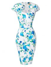  Blue And White Zipper Evening Dress Pattern and Belt Cap Sleeves Knee Length