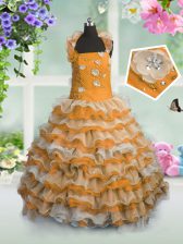  Orange Ball Gowns Straps Sleeveless Organza Floor Length Lace Up Beading and Appliques and Ruffled Layers Kids Pageant Dress