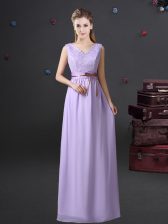  Sleeveless Chiffon Floor Length Lace Up Quinceanera Dama Dress in Lavender with Lace and Belt