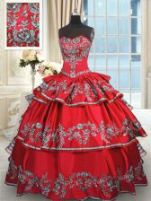 Gorgeous Red Ball Gowns Taffeta Sweetheart Sleeveless Embroidery and Ruffled Layers Floor Length Lace Up Vestidos de Quinceanera