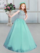  Apple Green Ball Gowns Bateau Sleeveless Organza Floor Length Lace Up Beading Girls Pageant Dresses