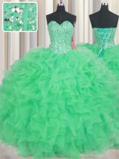 Spectacular Visible Boning Green Quinceanera Dresses Military Ball and Sweet 16 and Quinceanera with Beading and Ruffles Sweetheart Sleeveless Lace Up