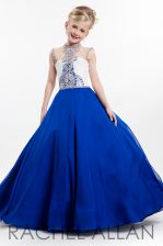 Classical Navy Blue Kids Pageant Dress Party and Wedding Party with Beading High-neck Sleeveless Zipper