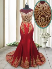  Mermaid Scoop Cap Sleeves Prom Evening Gown With Brush Train Appliques Red Elastic Woven Satin