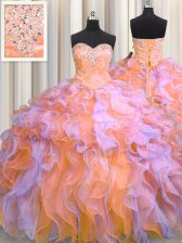  Sweetheart Sleeveless Organza Ball Gown Prom Dress Beading and Appliques and Ruffles Lace Up